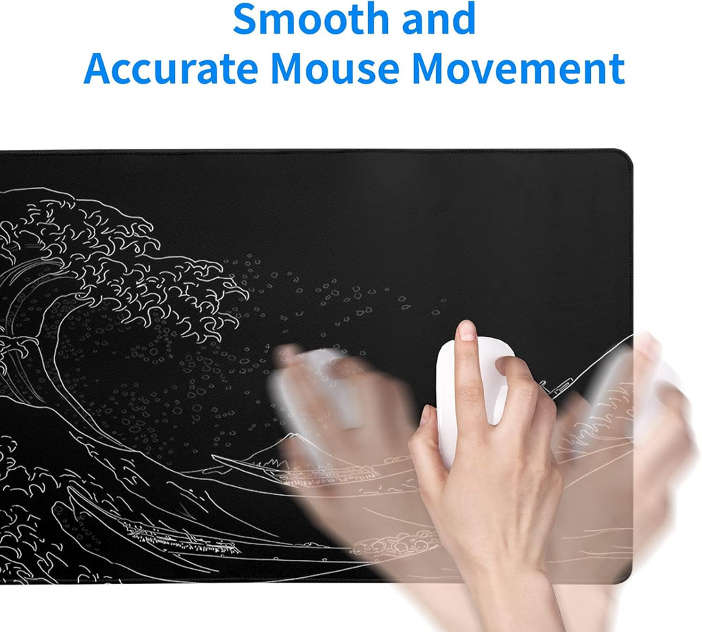 Japanese Sea Wave Large Mouse Pad. Anime Black Gaming. Extended Kanagawa Mat Desk Pad. 3mm Thick Long Non-Slip Rubber Base Mice Pad. 31.5 X 11.8 Inch