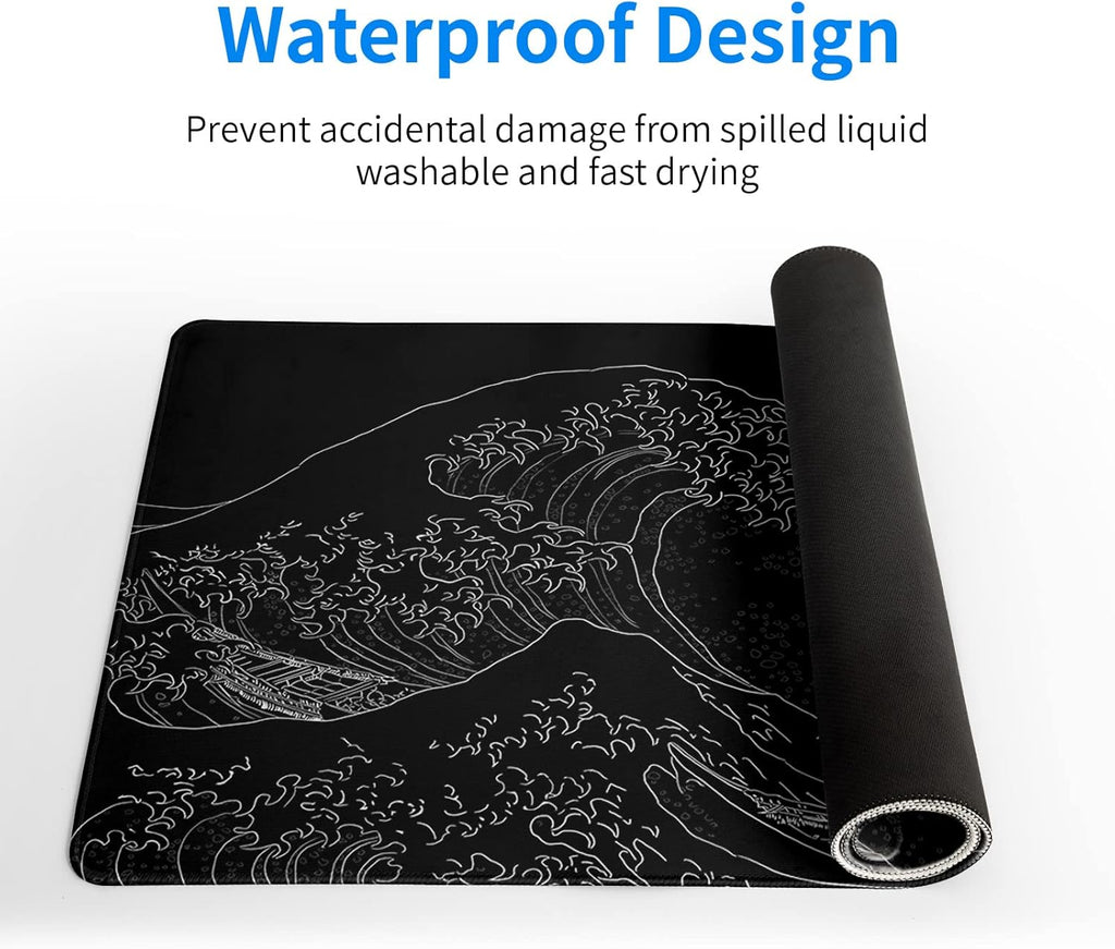 Japanese Sea Wave Large Mouse Pad. Anime Black Gaming. Extended Kanagawa Mat Desk Pad. 3mm Thick Long Non-Slip Rubber Base Mice Pad. 31.5 X 11.8 Inch