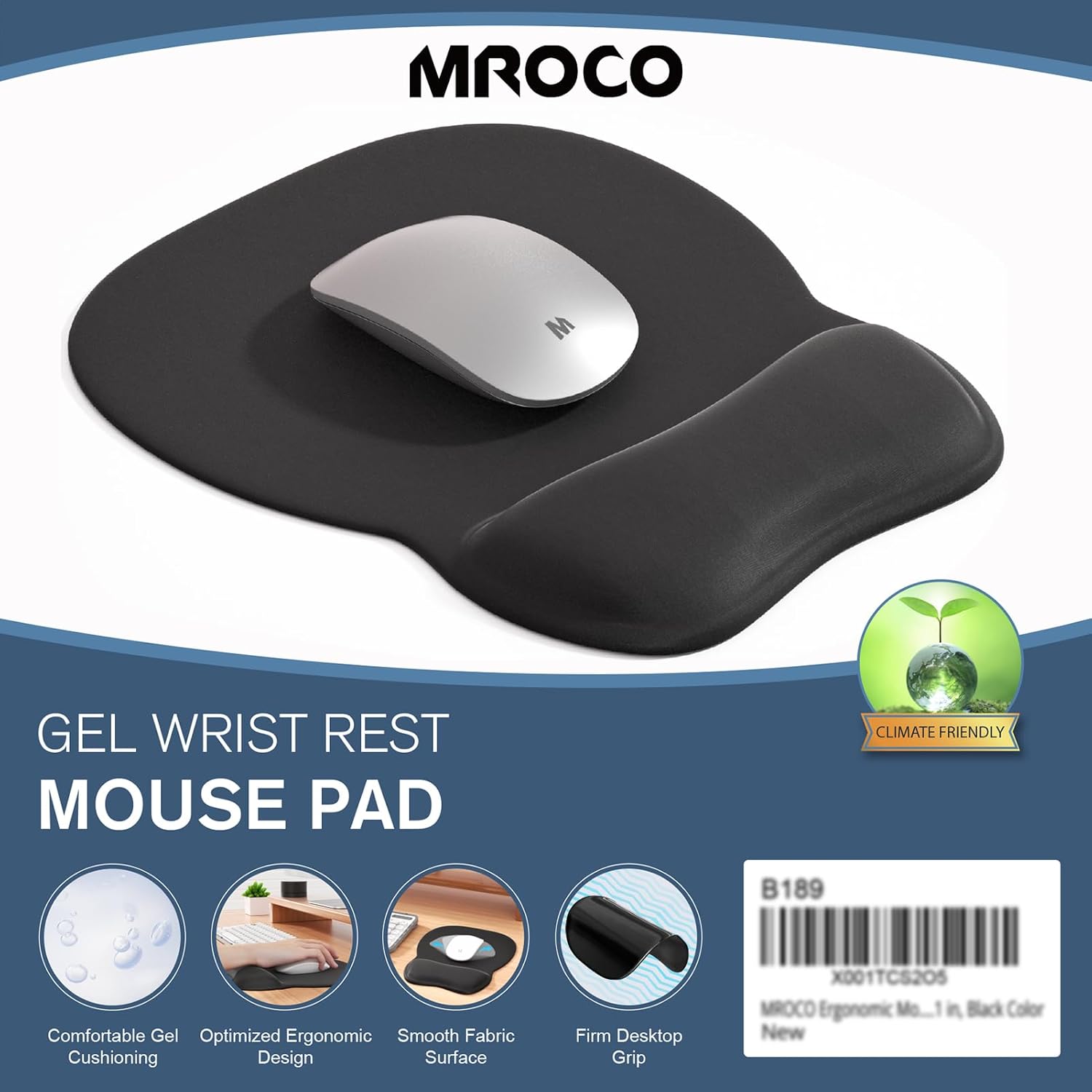 MROCO Ergonomic Mouse Pad with Gel Wrist Rest. Smooth Wrist Support Surface. Non-Slip PU Base for Pain Relief. Comfortable Mousepad for Computer. Laptop. Office & Home. 9.4 x 8.1 in. Black
