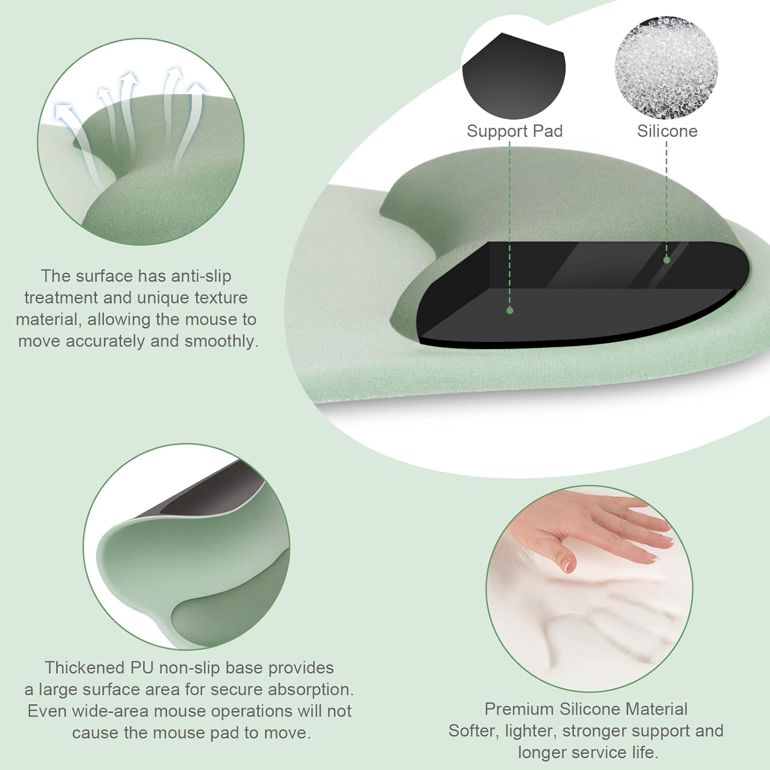 MOSISO Wrist Rest Support for Mouse Pad&Keyboard Set. Circle Curved Ergonomic Mousepad&Coaster Non-Slip Base Home/Office Pain Relief&Easy Typing Pad with Soft Cloth&Silicone Lining. Antique Green