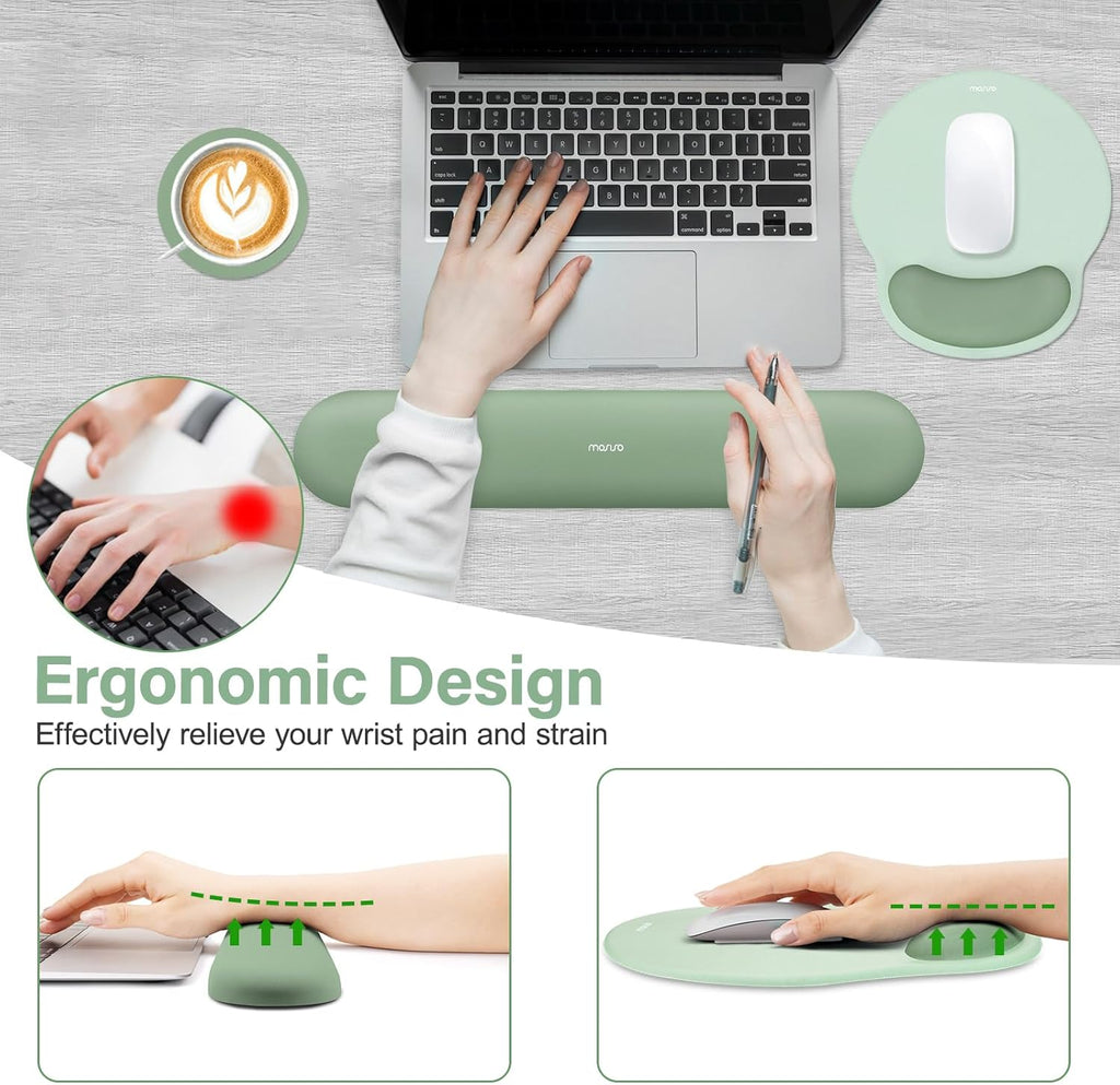 MOSISO Wrist Rest Support for Mouse Pad&Keyboard Set. Circle Curved Ergonomic Mousepad&Coaster Non-Slip Base Home/Office Pain Relief&Easy Typing Pad with Soft Cloth&Silicone Lining. Antique Green