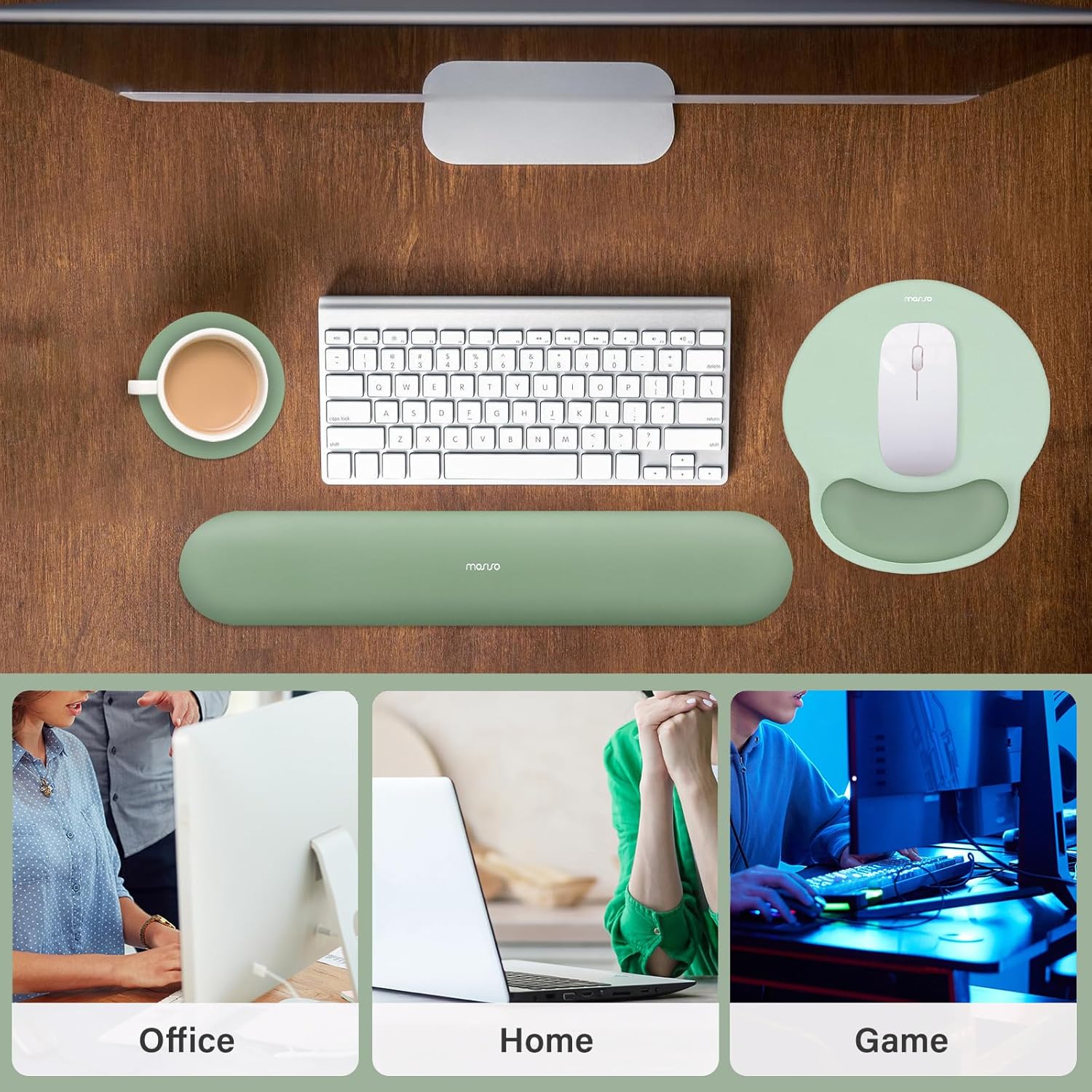 MOSISO Wrist Rest Support for Mouse Pad&Keyboard Set. Circle Curved Ergonomic Mousepad&Coaster Non-Slip Base Home/Office Pain Relief&Easy Typing Pad with Soft Cloth&Silicone Lining. Antique Green